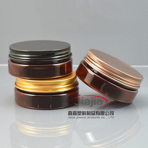 Barattolo di pet marrone da 50 grammi, barattolo di cosmetico Jar 50g Brown Jar con oro / bronzo / nero coperchio in alluminio trucco imballaggio salone di bellezza