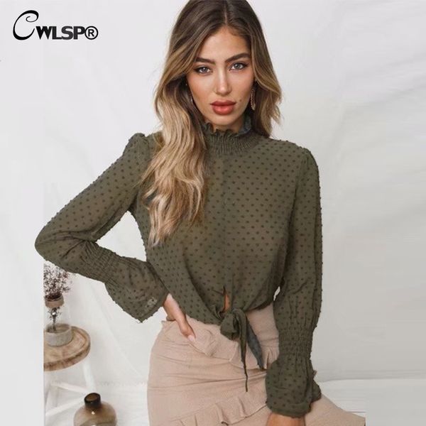 

cwlsp autumn tie up front polka dot chiffon blouse mock neck flare sleeve for women blusas mujer de moda 2018 ql3987, White