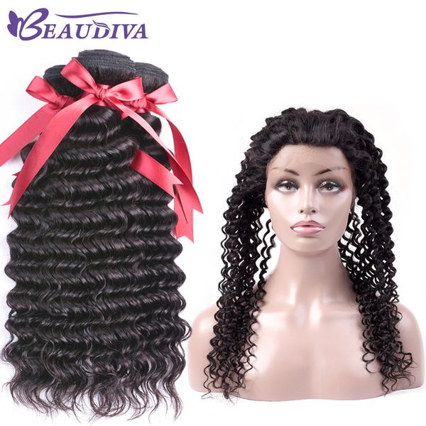 

beaudiva перуанские волосы глубокая волна с 360 кружева фронтальная закрытие с волосами младенца 100% человеческих волос 3 пучки с закрытием, Black;brown