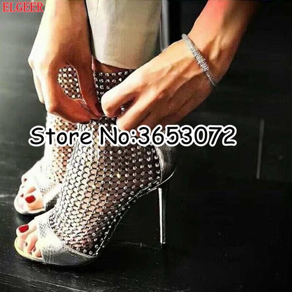 

women peep toe high heels ankle booties shinny crystal hollow out lady stiletto sandal boots shoes euro size 35-42, Black
