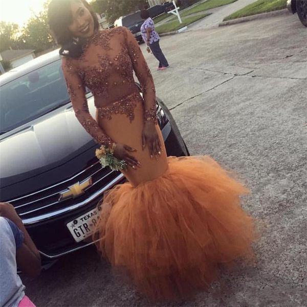

pale orange south africa mermaid prom dress lace applique beads long sleeve arabic evening dresses see through black girl party gowns