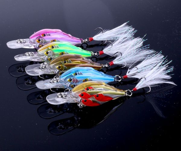 

cb033 100pcs group multiple bionic fish lure 6.5cm-6g plastic isca artificial 2016 3d eyes crankbait feather hook bass fishing tackle