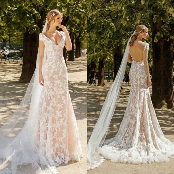 

v neck mermaid wedding dress lace applique backless tulle bridal gowns custom made slim fit, White