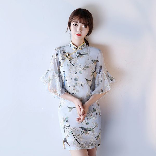 

2018 chinese fashion summer flare sleeve girl cheongsam qipao dress, Red