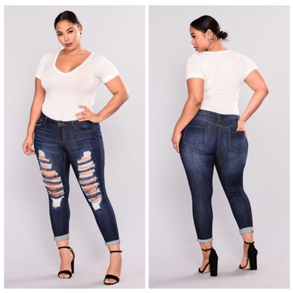 

трансграничные большой размер женские новые европейские и американские джинсы стрейч джинсовые дамы отверстие брюки ноги бесплатная доставка, Blue