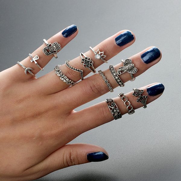

vintage antique boho silver moon crown crystal ring knuckle wedding ring set steampunk anillos alloy rings jewelry, Golden;silver