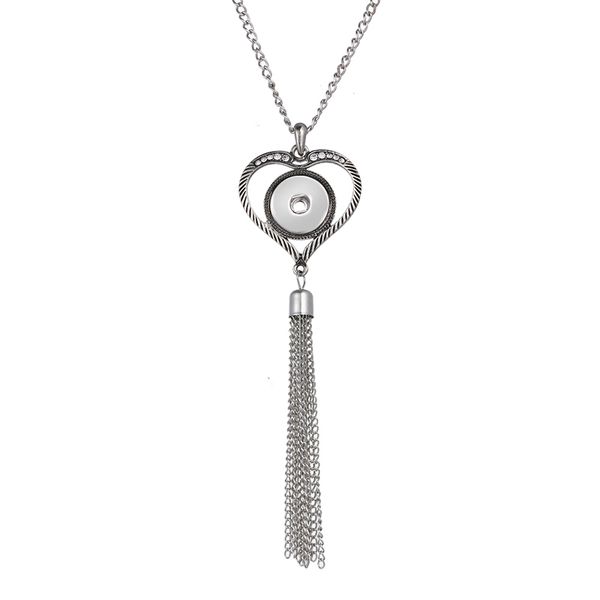 

10pcs tassel heart necklace 18mm snap button jewelry interchangeable crystal pendant necklace with snake chain charms jewelry for wome, Silver
