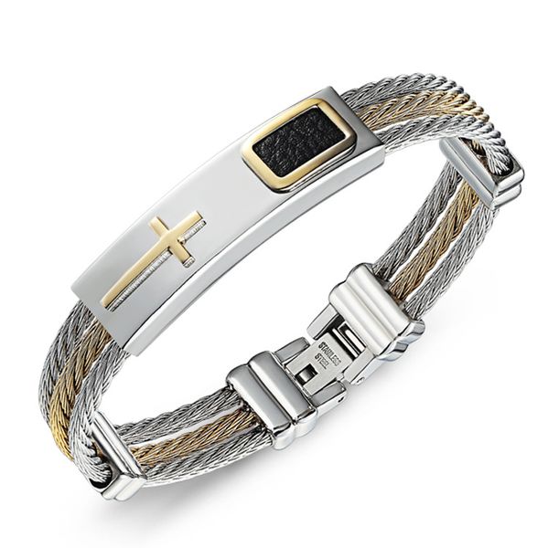 

titanium steel bracelet gold and ailver color interval three rows of wire braided bracelet crucifix bracelet for man stainless steel jewelry, Golden;silver