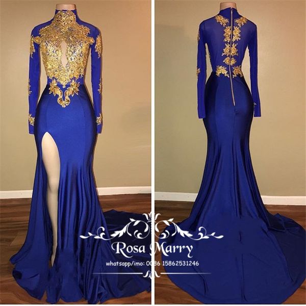 Royal Blue Gold Lace Mermaid Prom Dresses 2020 High Neck Long