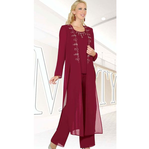 Mãe frisada vermelha escura da calça da noiva ternos jóia Pescoço Três peças de casamento Pantsuit Plus Size Chiffon Mães Noivo Vestidos