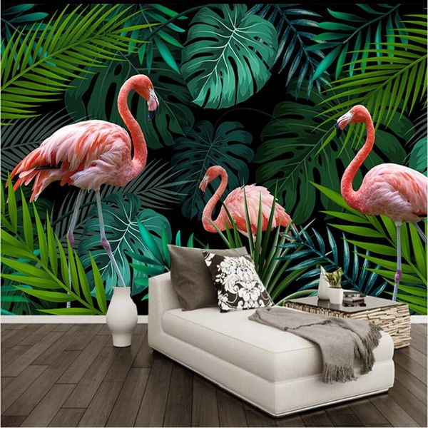 

custom mural wallpaper nordic style hand painted plant flamingo tv background decoration painting modern living room wallpaper