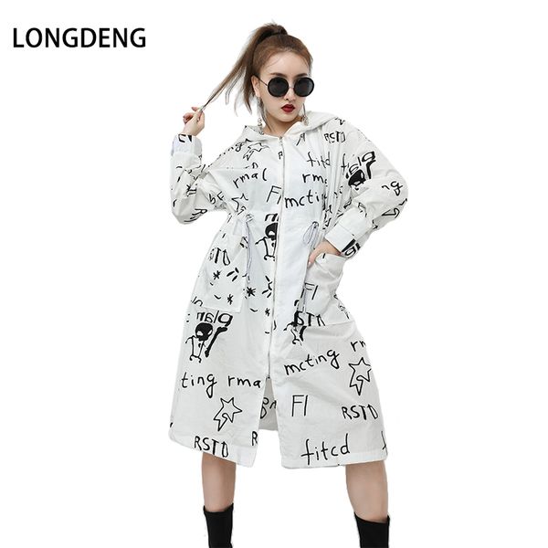 

longdeng] new fashion 2018 autumn loose plus size full sleeve letter print women long white hooded trench with zipper 180226, Tan;black