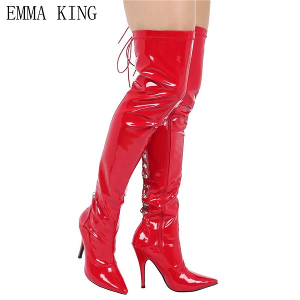 

red black patent leather straps 35-43 large size stage catwalk boots stiletto pointed over the knee spring boots women