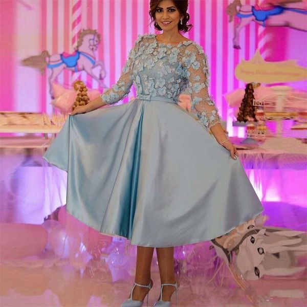 

light sky blue plus size prom dresses 3/4 sleeves 3d floral appliques tea length evening dress formal short party gown custom size, Black