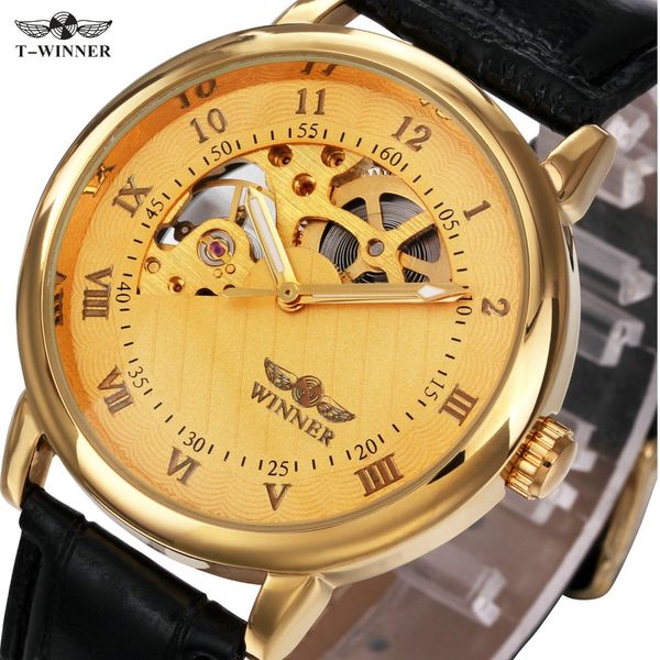 

2017 winner men mechanical watch luminous hands round skeleton watch leather strap semi-automatic male wristwatch unique design, Slivery;brown