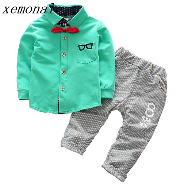 

2018 autumn boys cotton clothes kids full sleeve gentleman bowknot lapel shirt 2pcs suits toddler clothing sets baby tracksuits, White