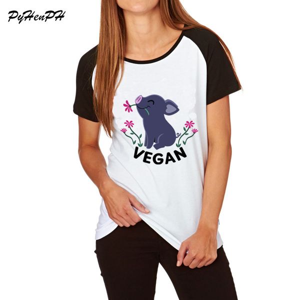 

new blusas kawaii vegan pig print t shirt women raglan sleeve summer funny love peace pig design t-shirt female girl shirt, White
