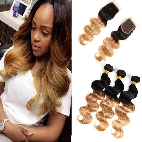 

brazilian ombre body wave human hair bundles with closure wholesale colored 1b/27# brazilian honey blonde virgin hair weaves with closure, Black;brown
