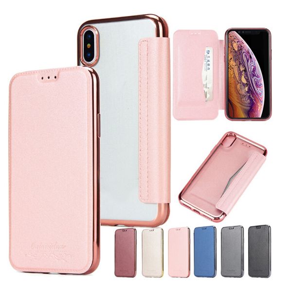 

pu leather flip cover case electroplated transparent tpu back cover card slot wallet soft clear for iphone xr xs 7 8 samsung s8 s9