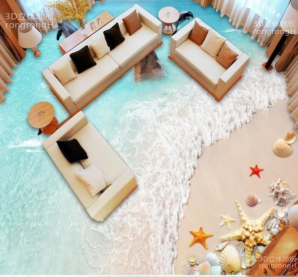 виниловые полы для ванной Surf Дельфины Пляж Корпус 3D Напольная плитка Плитка окрашена водонепроницаемым ПВХ обои