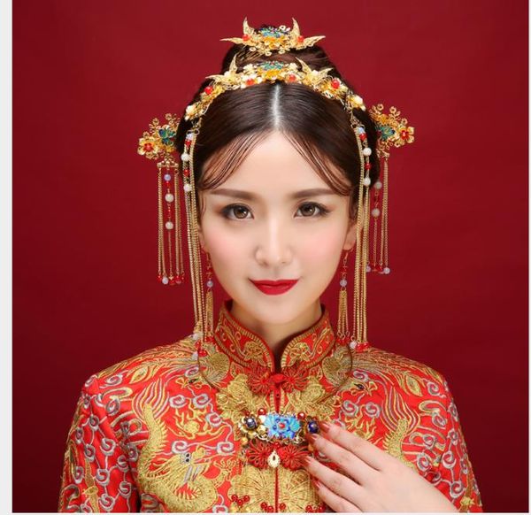 

2019new style costume, fringed, phoenix, chinese brides, headgear, wine, costumes, dragon and phoenix accessories, Slivery;golden