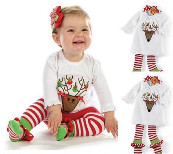 

baby girls christmas deer clothing sets cartoon fawn long sleeve tshirts striped pants 2pcs set homewear infant elk outfits xmas gifts, White