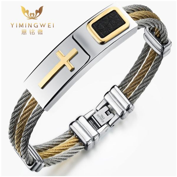 

2018 men's bracelet 3 rows wire chain bracelets bangles fashion punk stainless steel cross bracelet men christian men jewelry, Golden;silver
