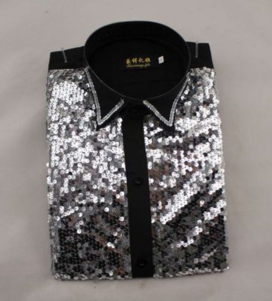 

новая мода мужская одежда блестки рубашки платье певица сценическое выступление танец ночные клубы с длинным рукавом платье рубашки сорочка, White;black
