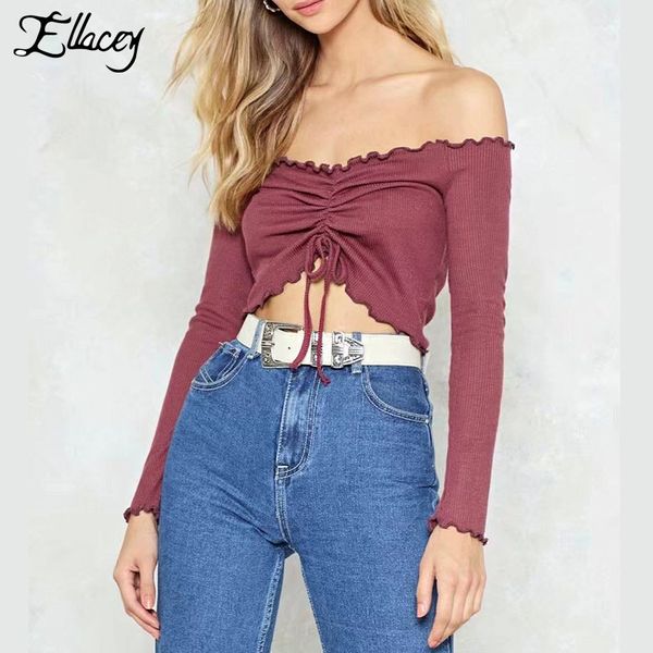 

ellacey 2018 long sleeve string ruffles crop women strapless slash neck lace up knitted t shirt slim off shoulder, White