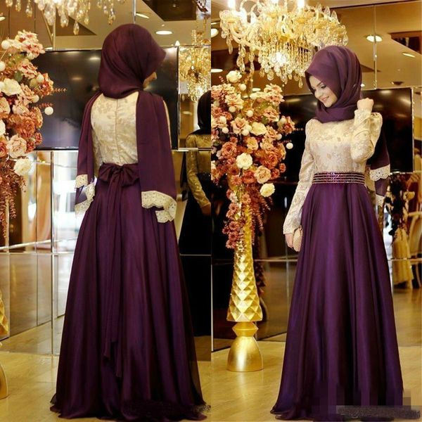 

2018 burgundy muslim evening dresses long sleeves lace pattern chiffon hijab arabic prom dress with sequined bow sash, Black;red