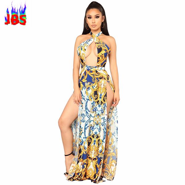 

2018 летние горячие продажи печати холтер платье женщины без рукавов спинки сплит платье дамы выдалбливают глубокий v-образным вырезом длино, Black;gray