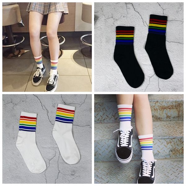 

Cool Short Rainbow Ankle Socks Art Women Fashion Skateborad White Cotton Cocks Hipster Cartoon Colored Socks Female
