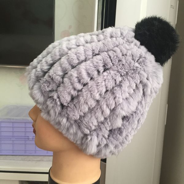 

rex fur ball cap autumn and winter ladies warm knitted elastic cap, Blue;gray