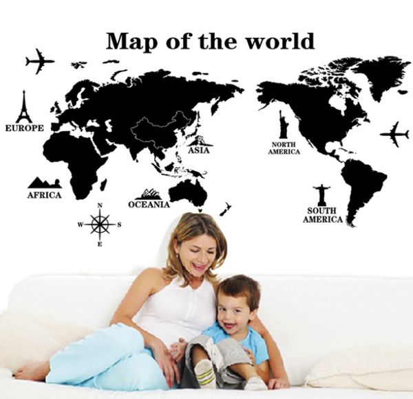 

removable world map black wallpaper living room sofa tv background pvc wall stickers