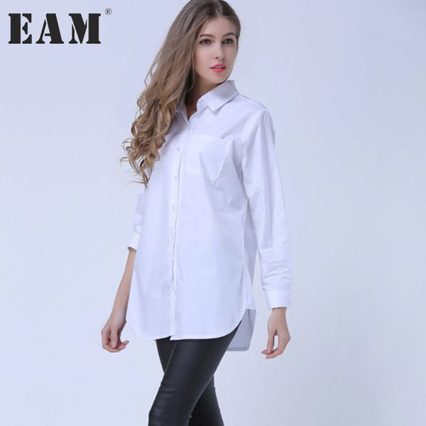 

eam] 2018 spring lapel fashion new long sleeves solid color blue striped long paragraph loose women shirt tide g01605, White