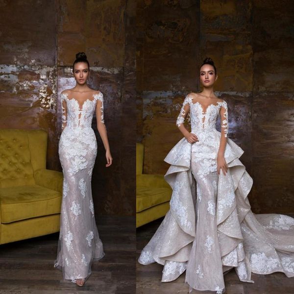 

2019 new designer mermaid wedding dresses with detachable train lace appliqued bridal gowns illusion bodice country wedding dress