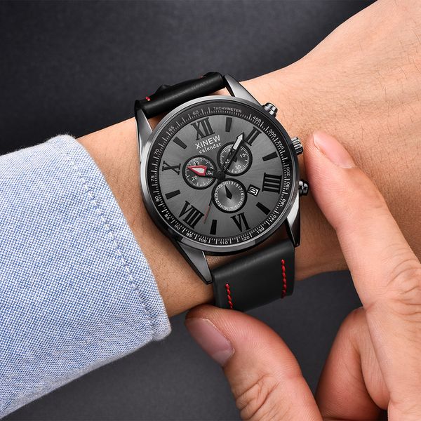 

2018 relogio masculino gift men's leather band sports date analog alloy quartz watch male watches luxury men watches, Slivery;brown