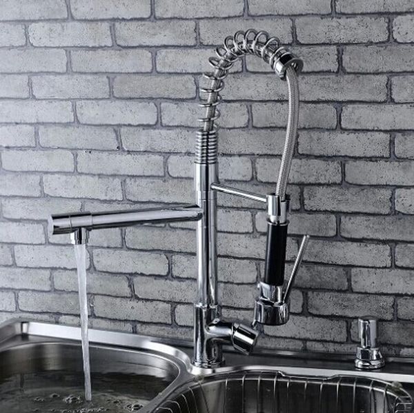 

polished chrome brass kitchen faucet spring style swivel spout single handle vessel mixer tap dual spouts 530mm height