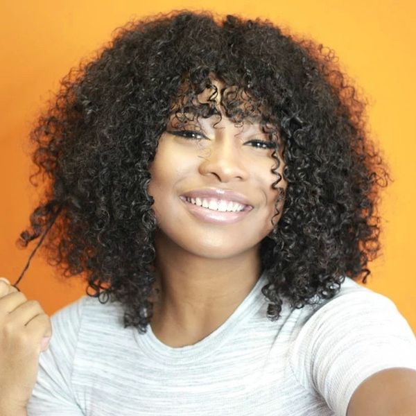 Afro Brazilian Kinky Curly Wig With Bangs Glueless 150 Density