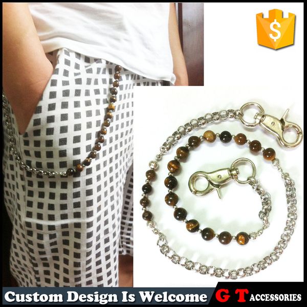 

trendy fashion handmade natural stone tiger eye cat's eye trousers chain for men , stainless steel pants chain, Silver
