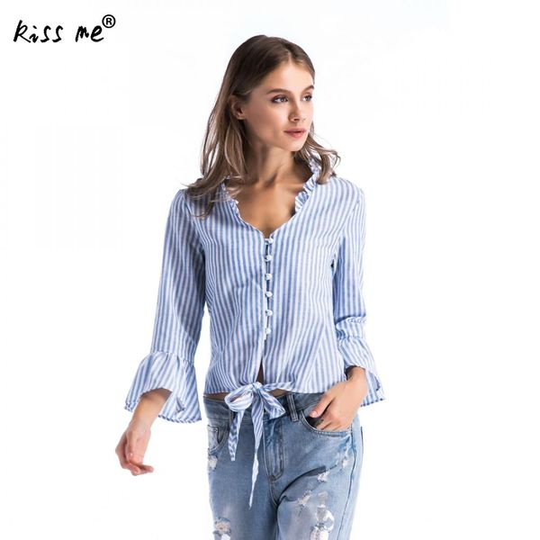 

cotton women long sleeve shirt female deep v vertical stripes ruffles drawstring button blouses fashion casual summer spring, White