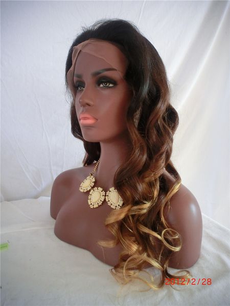 

#1b 4 27 ombre человеческих волос парик объемная волна три тона кружева фронт парик glueless полный кружева человеческих волос парики для че, Black;brown