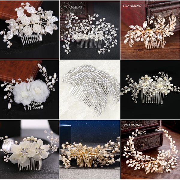 

tuanming 1pcs fashion crystal pearl wedding hair comb hair accessories for bride hairpins tiaras plant pattern women jewelry, Golden;white