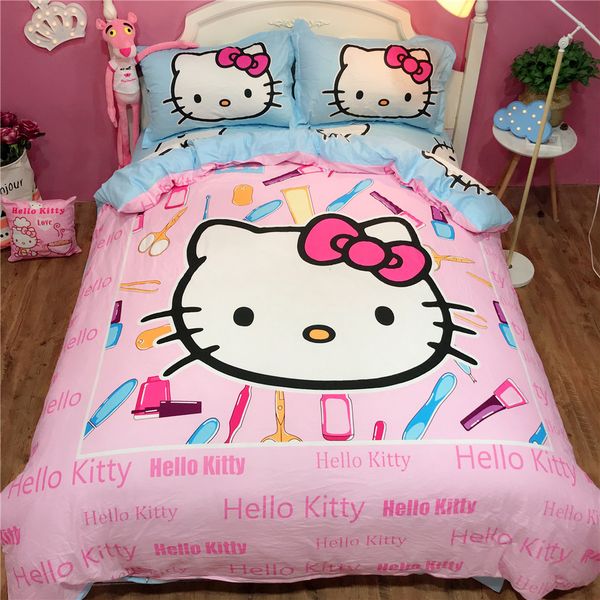 Hot Sell Cartoon Hello Kitty Daroemon Cat Style Blue Pink Bedding Set 3 Duvet Cover Bed Sheet Pillowcase Girl Adult Bedding Twin Bedding King Duvet