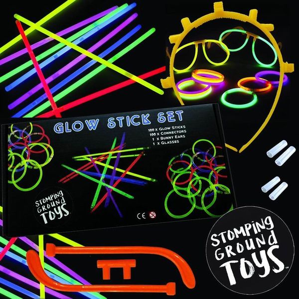 

led toys 100 glow stick box set - неоновые цвета - очки заячьи ушки - вечеринка фестиваль