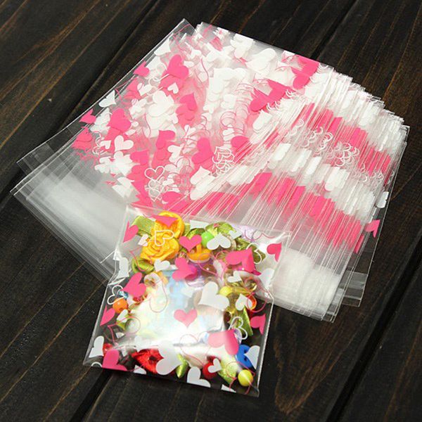 

100 pcs mini pink heart packaging bag clear cellophane cookie sweet package wedding birthday candy party for gusset 7cm*7cm+3cm