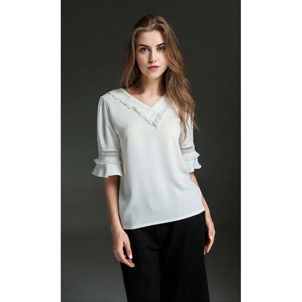 

лето дамы шифон рубашка листьев лотоса рукава v-образным вырезом сплошной цвет свободные хеджирования рубашка тонкий темперамент большой раз, White