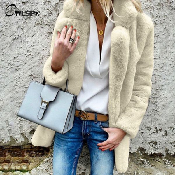 

cwlsp 2018 winter coat fashion luxury warm women faux fur coat lapel fluff long sleeve fur women outwear ql4287, Black