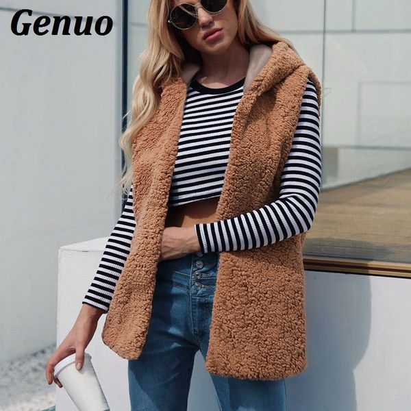 

women autumn winter vintage faux lamb wool waistcoat sleeveless hooded hoodies faux fur vest hood outwear fur coat genuo xxxl, Black