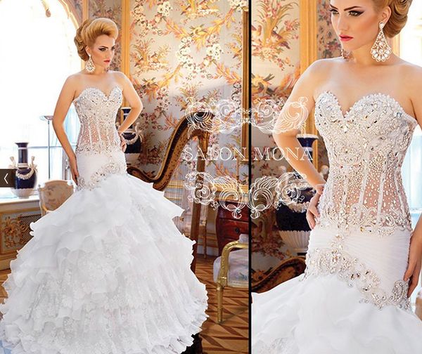 

2019 sweetheart slim mermaid wedding dresses lace appliques beaded bling bling tiered bridal gowns customized long tiered vestidos de mariee, White